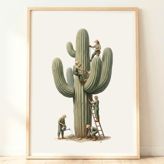 Giant Saguaro Cactus Tiny Gardeners Whimsical Desert Art Poster