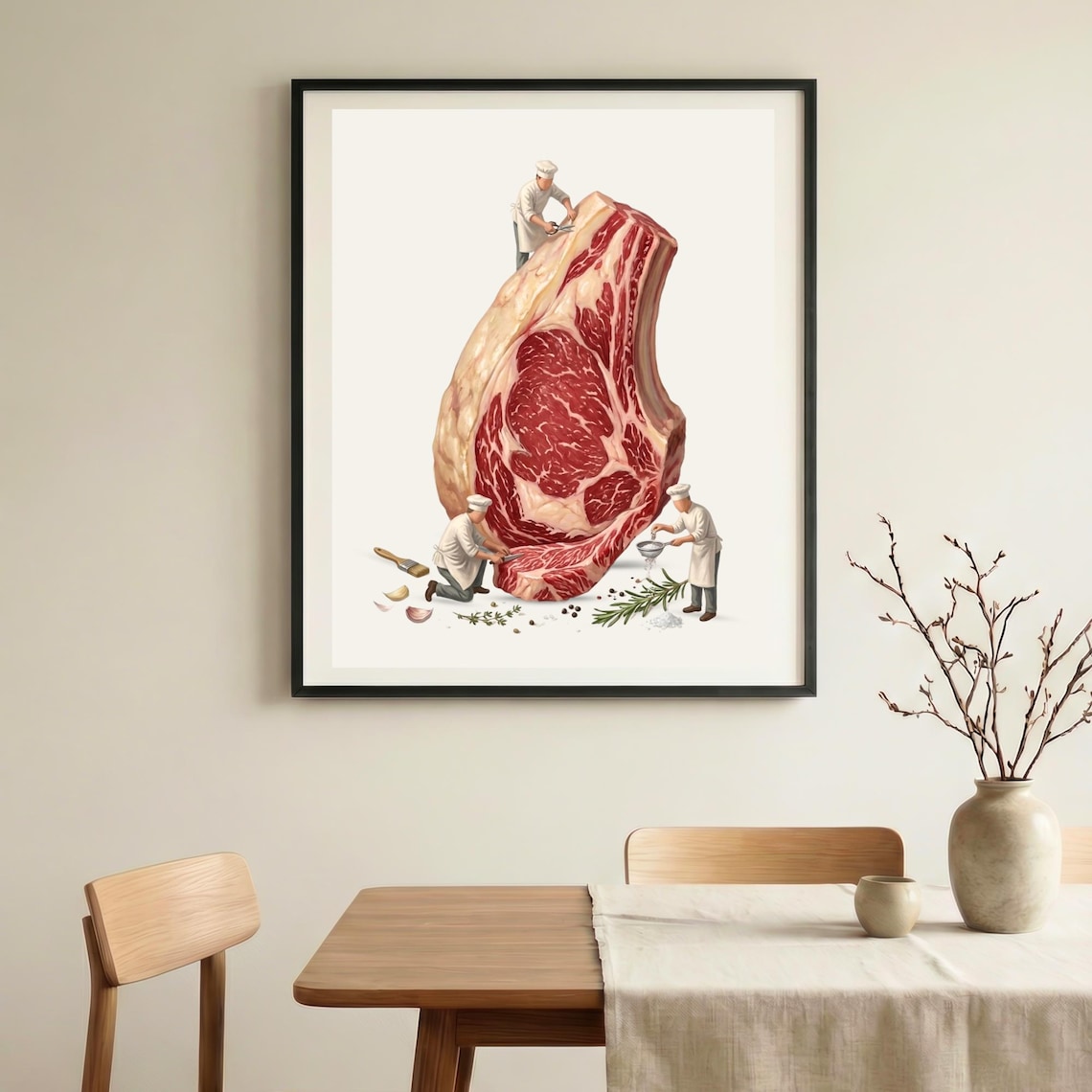Giant Steak with Tiny Chefs Illustration Poster Funny Culinary Kitchen Wall Decor