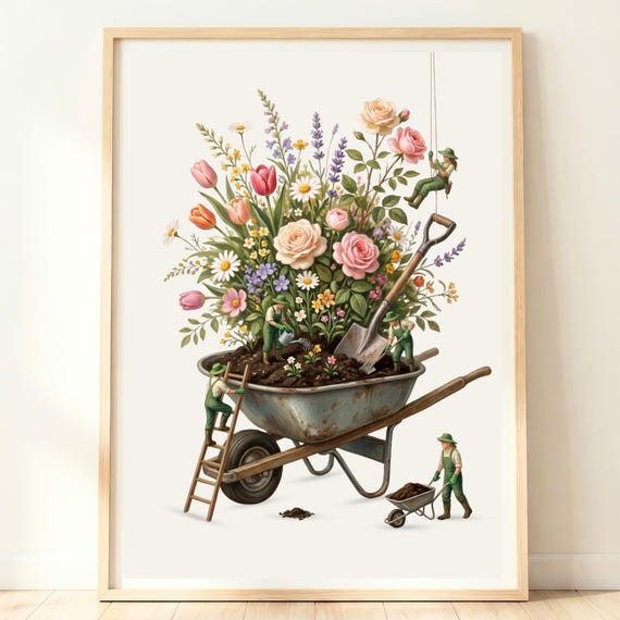 Gardening Wall Art Gardener Gift Garden Wheelbarrow Flowers Print Whimsical Flower Decor Cottage Artwork