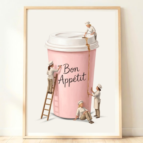 Pink Coffee Cup Bon Appetit Tiny Chefs Playful Kitchen Poster