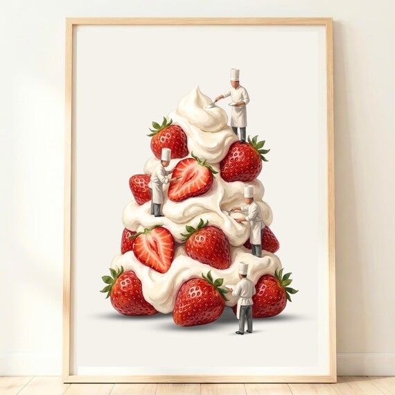 Strawberries And Cream Wall Art British Summer Dessert Print Fresh Fruit Poster Kitchen Decor