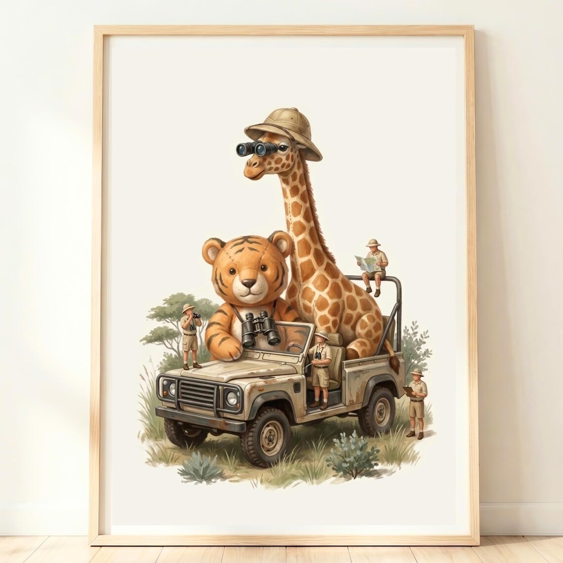 Plush Tiger And Giraffe Safari Jeep Kids Nursery Adventure Poster
