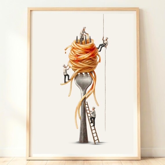 Giant Spaghetti On Fork Tiny Chefs Climbing Whimsical Pasta Poster