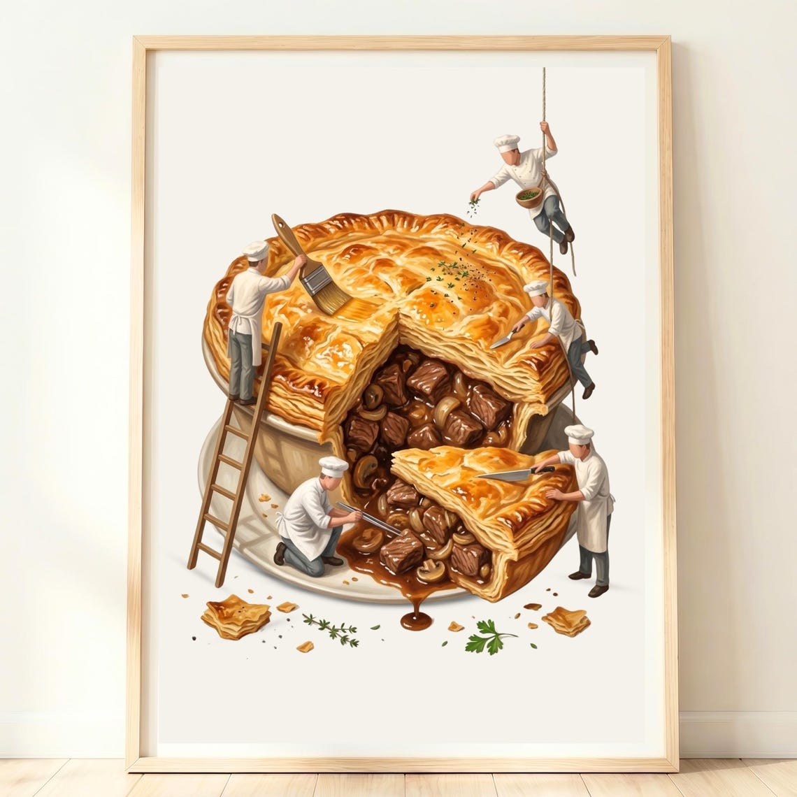 Giant Steak Pie With Tiny Chefs Whimsical British Pub Food Art Poster