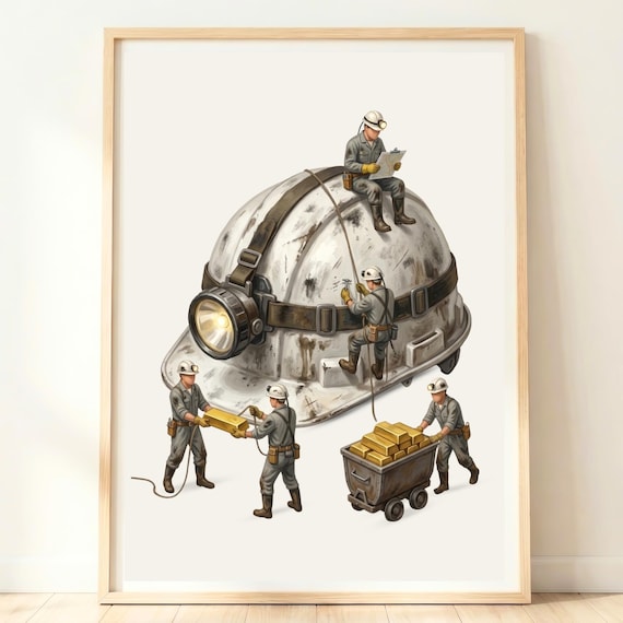 Gold Wall Art Miner Helmet Print Geology Gift Mining Office Decor Geological Artwork Industrial Poster