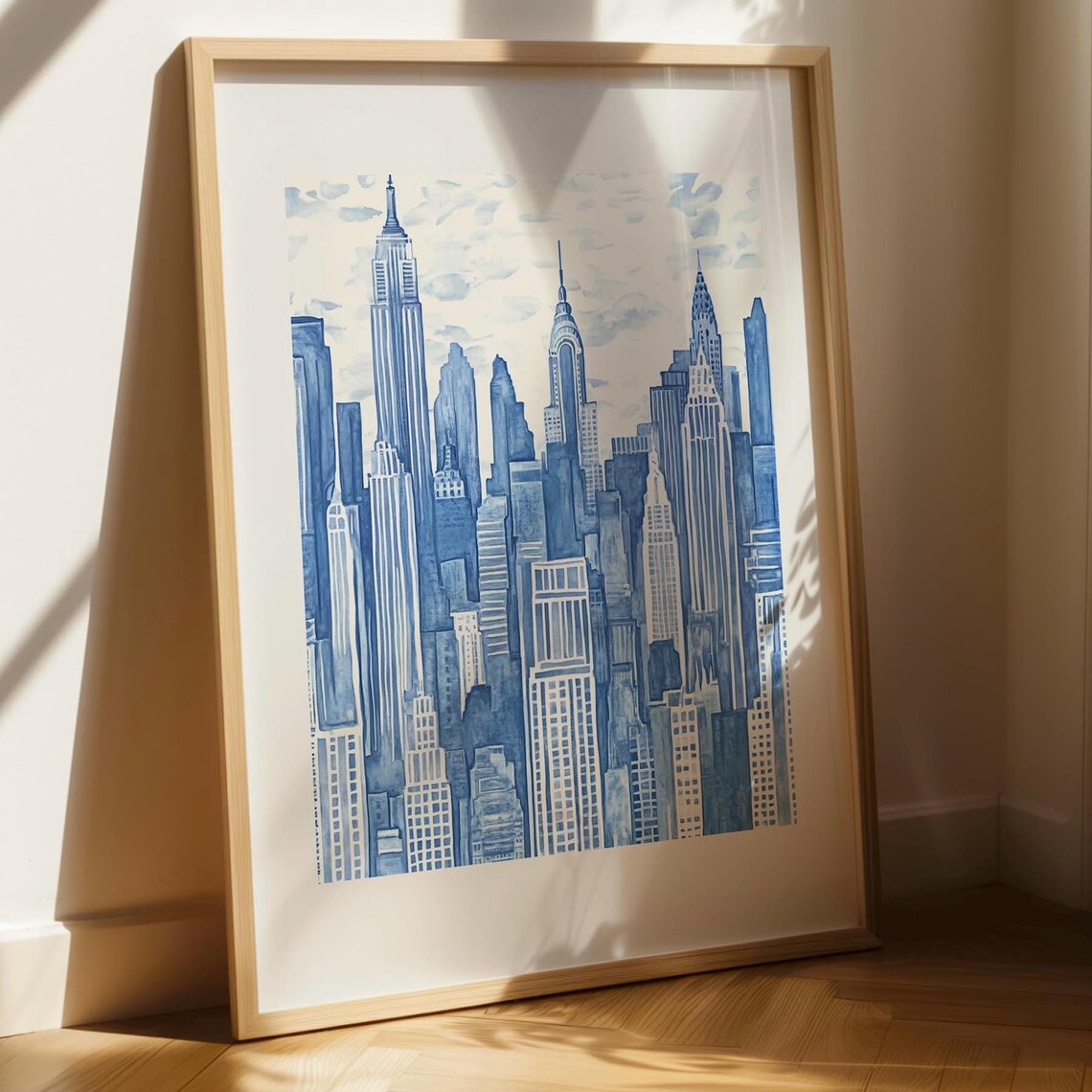 New York City Blue Skyline Watercolor Empire State Building Poster