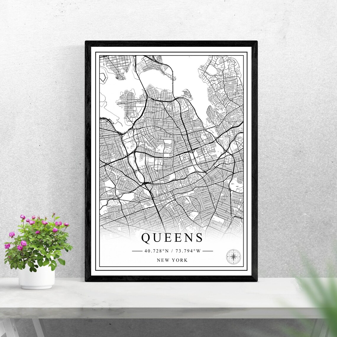 Queens New York City Street Map Black and White Minimalist Poster