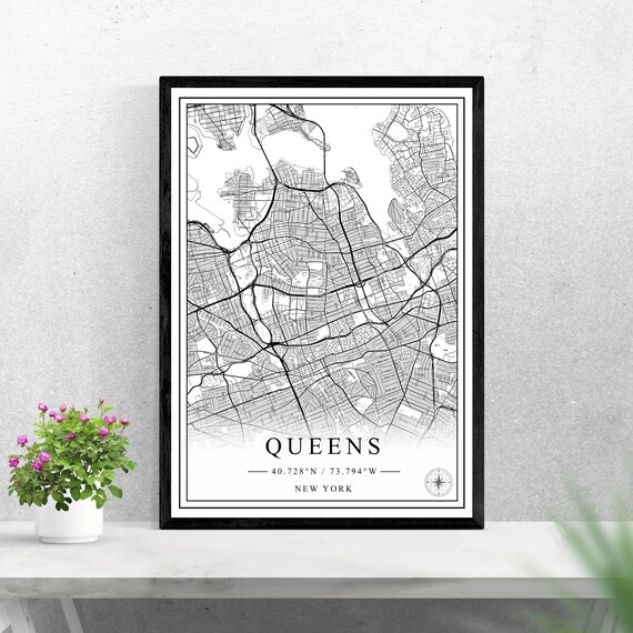 Queens New York City Street Map Black and White Minimalist Poster