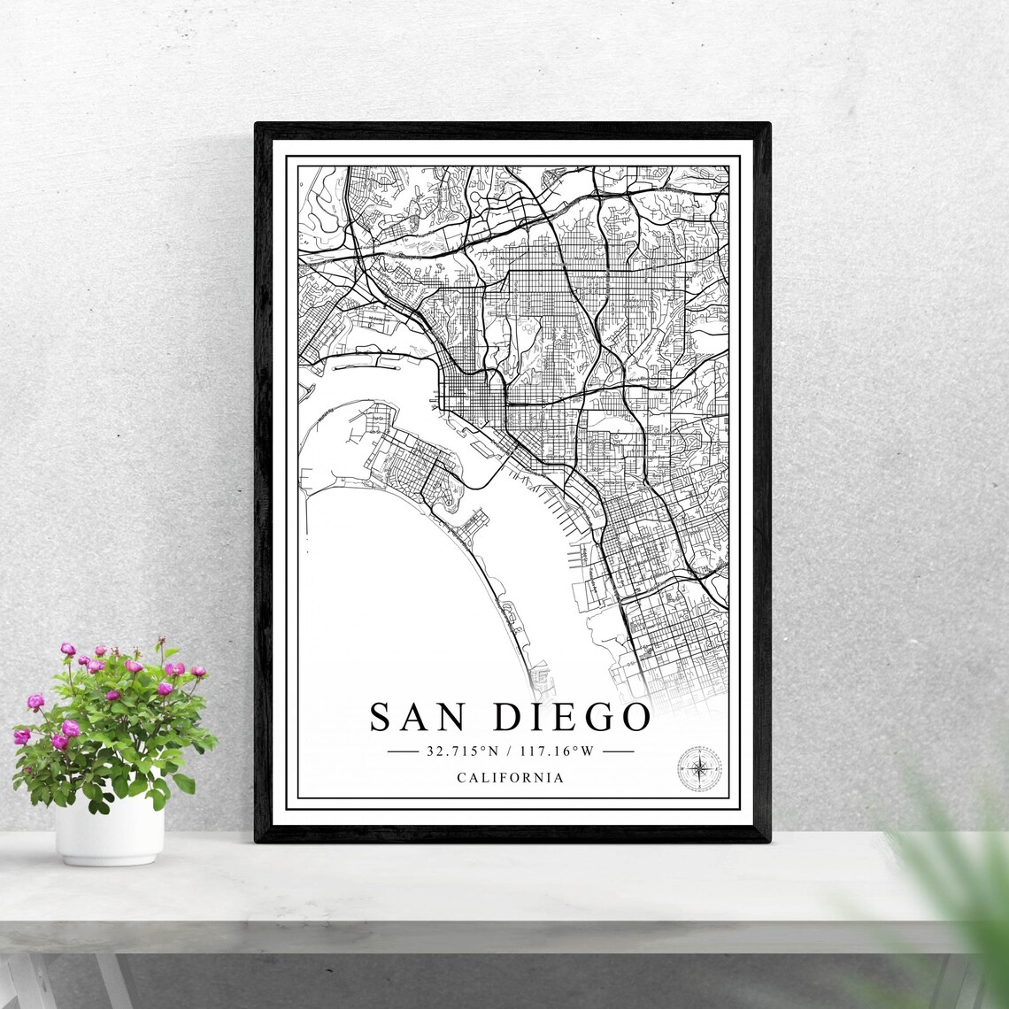 San Diego California Black and White Minimalist City Map Poster