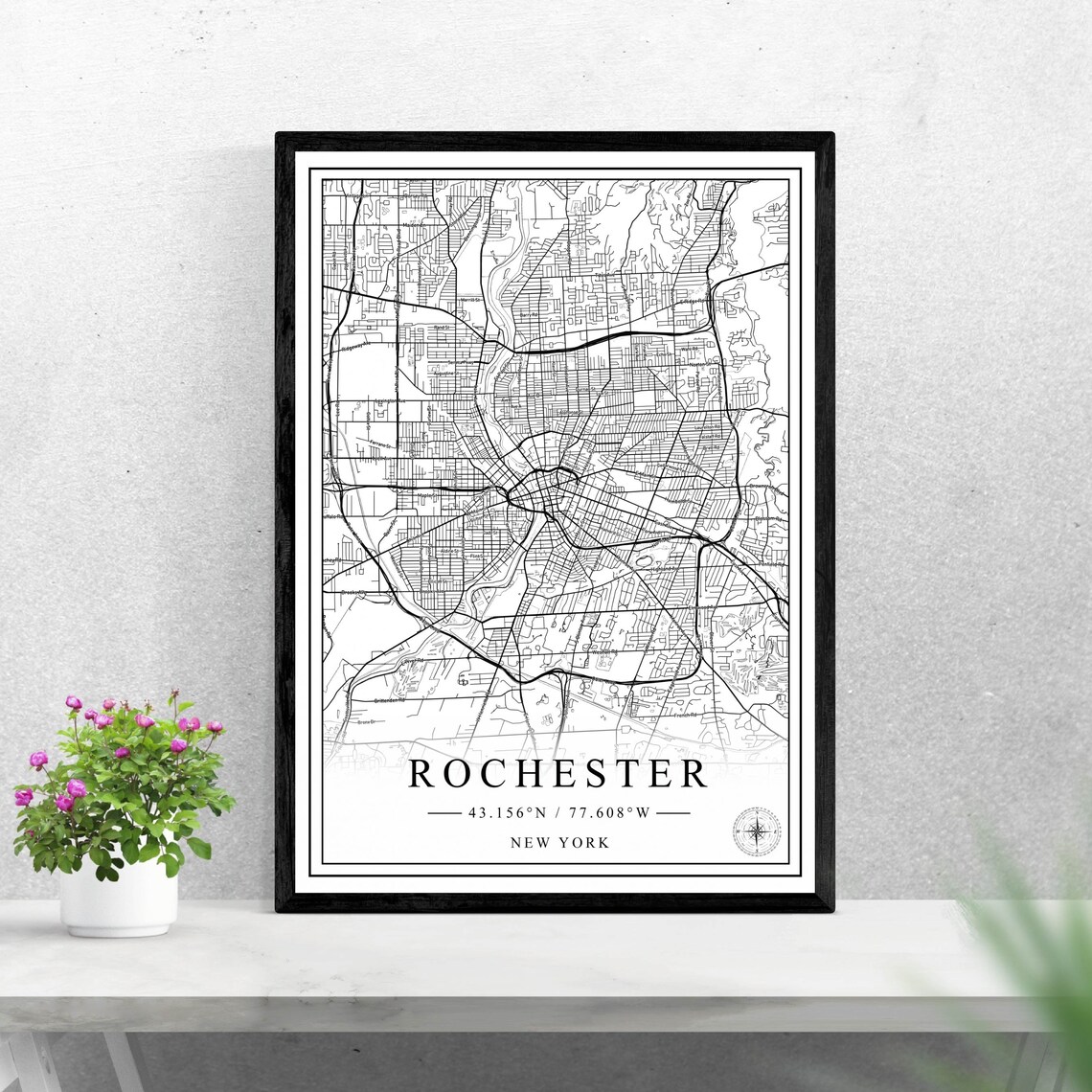 Rochester New York Black and White City Street Map Art Poster