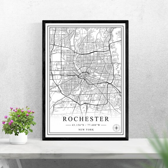 Rochester New York Black and White City Street Map Art Poster