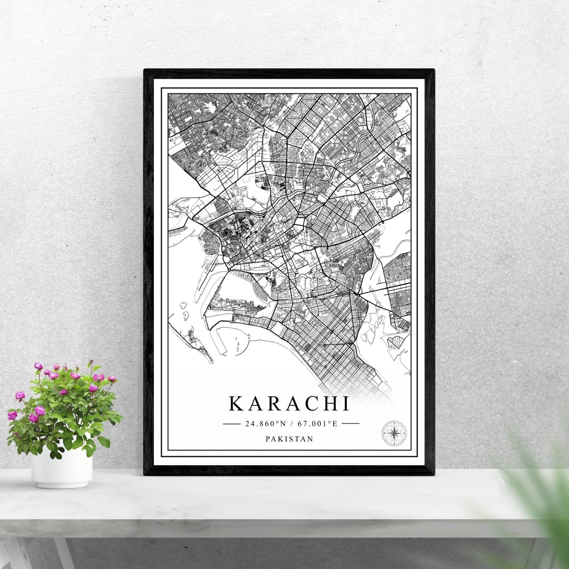 Karachi Pakistan City Street Map Black and White Minimalist Poster