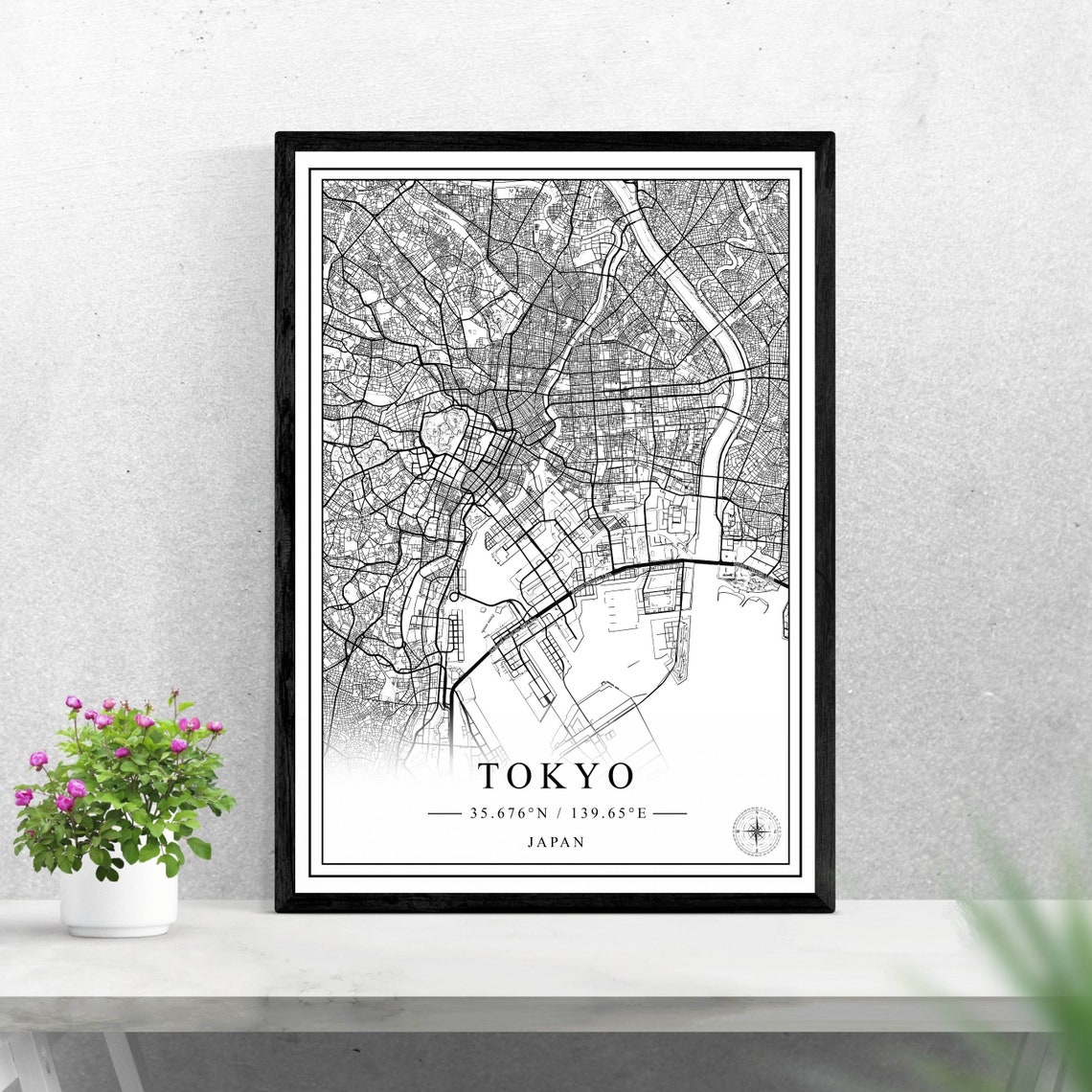 Tokyo Japan Black and White Minimalist City Street Map Print