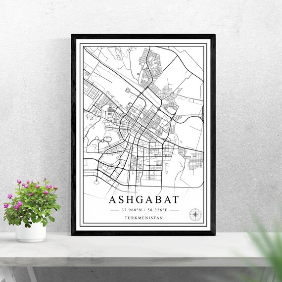 Ashgabat Turkmenistan Minimalist Black and White City Map Wall Art