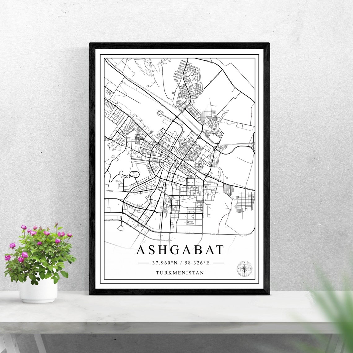 Ashgabat Turkmenistan Minimalist Black and White City Map Wall Art