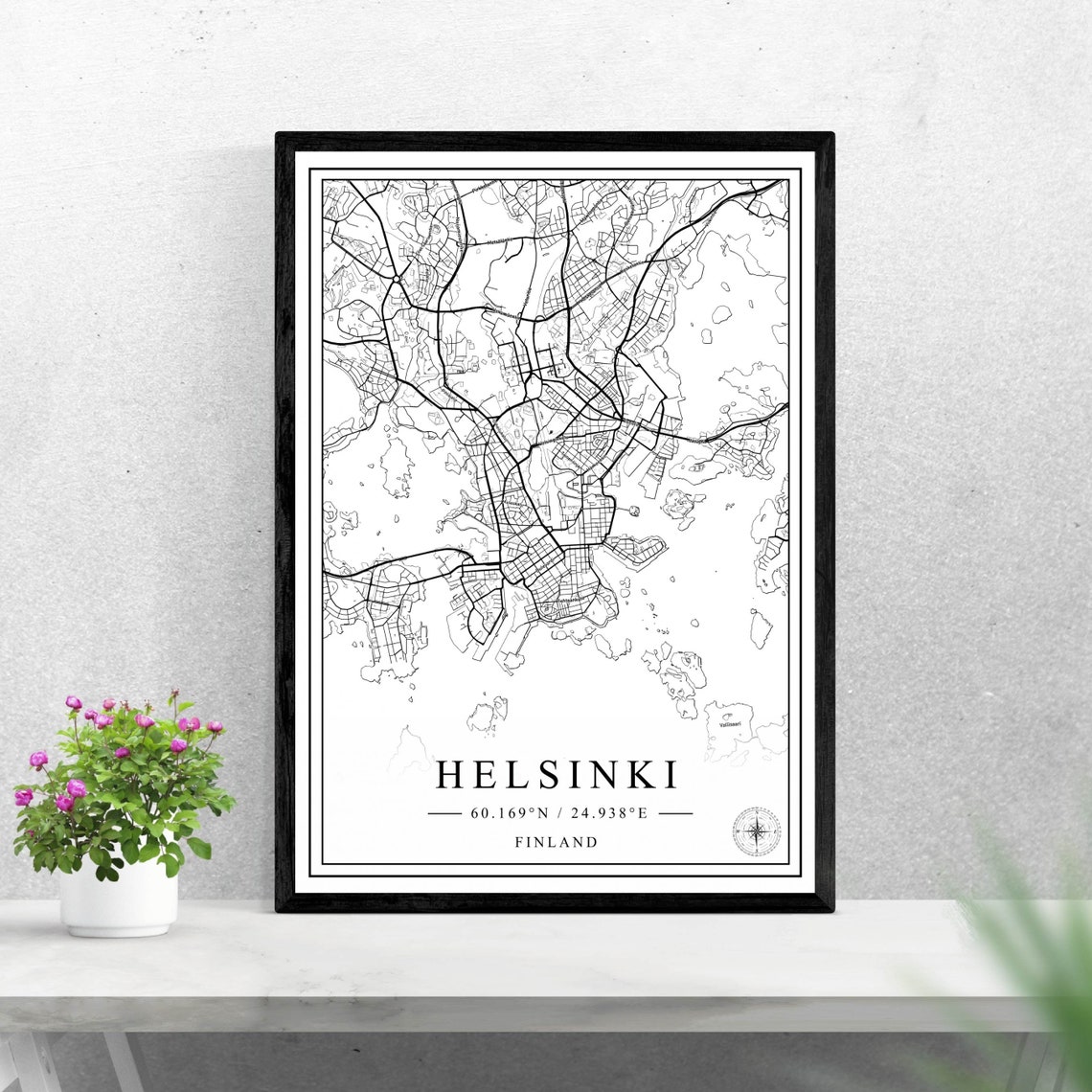 Helsinki Finland Black and White City Map Coordinates Poster