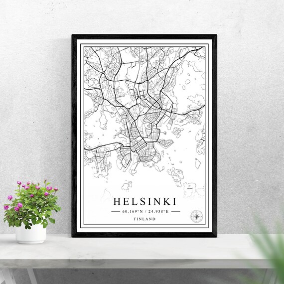 Helsinki Finland Black and White City Map Coordinates Poster