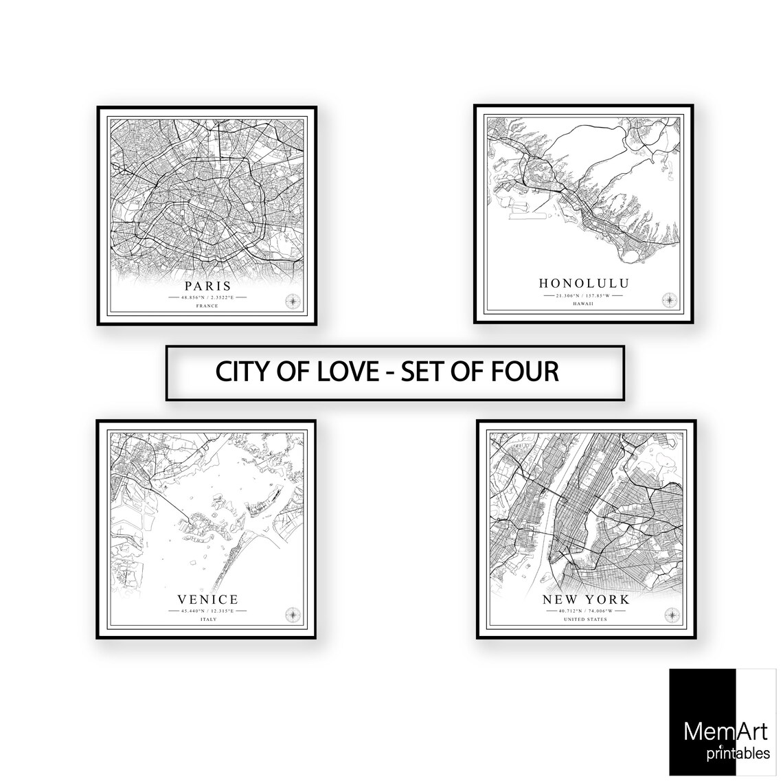 City of Love Special Set 4 Maps, Travel Poster