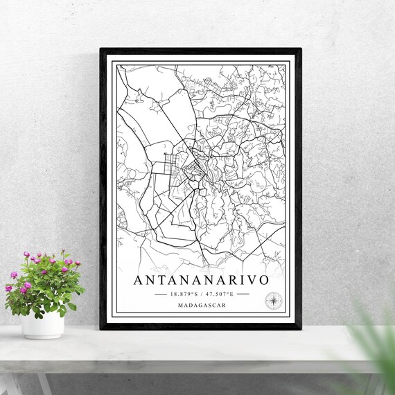 Antananarivo Madagascar Minimalist Black and White City Map Wall Art