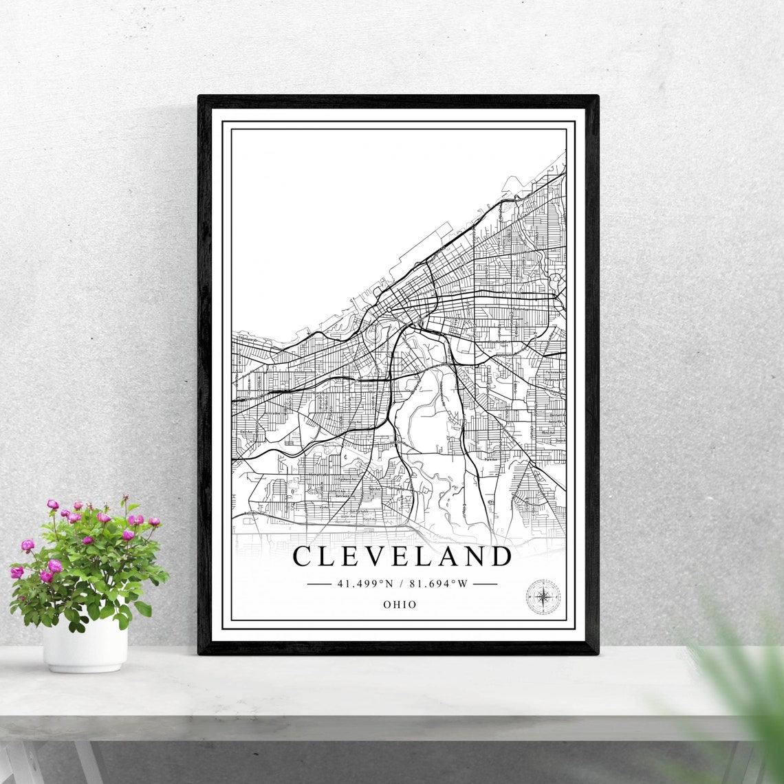 Cleveland Ohio Black and White Street Map Coordinates Poster