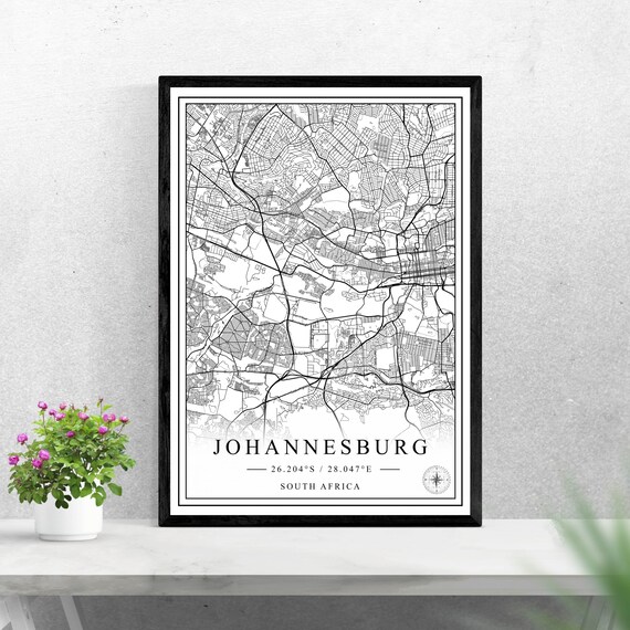 Johannesburg South Africa City Map Minimalist Black And White Wall Art