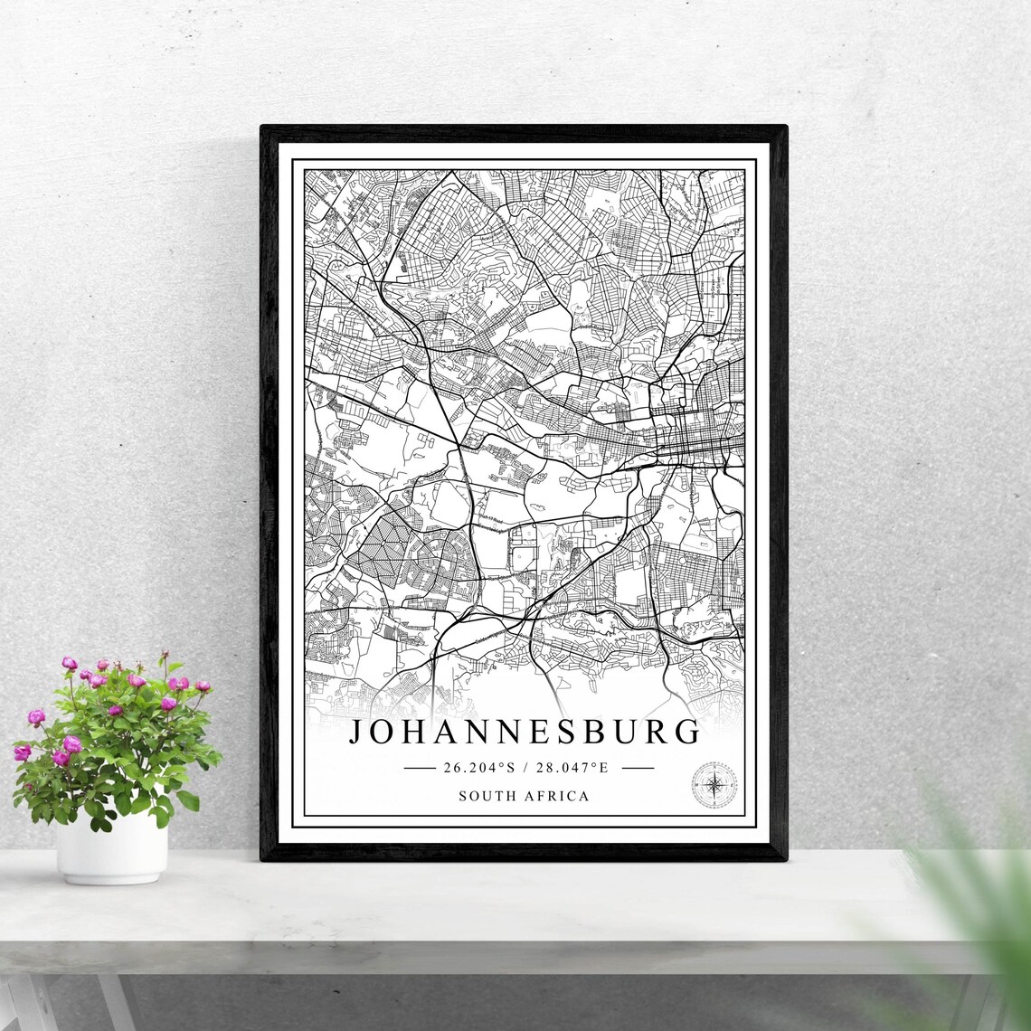 Johannesburg South Africa City Map Minimalist Black And White Wall Art