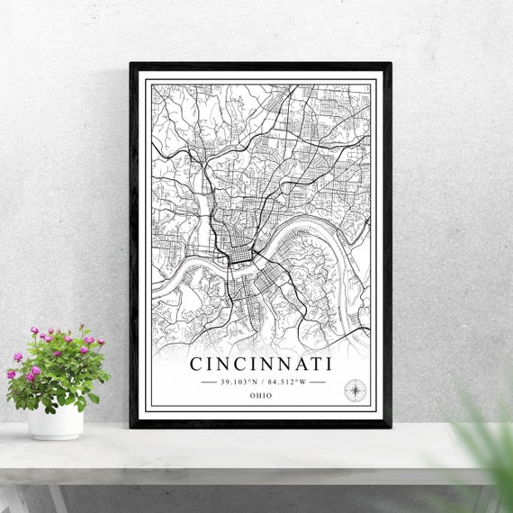 Cincinnati City Map Black And White Travel Poster