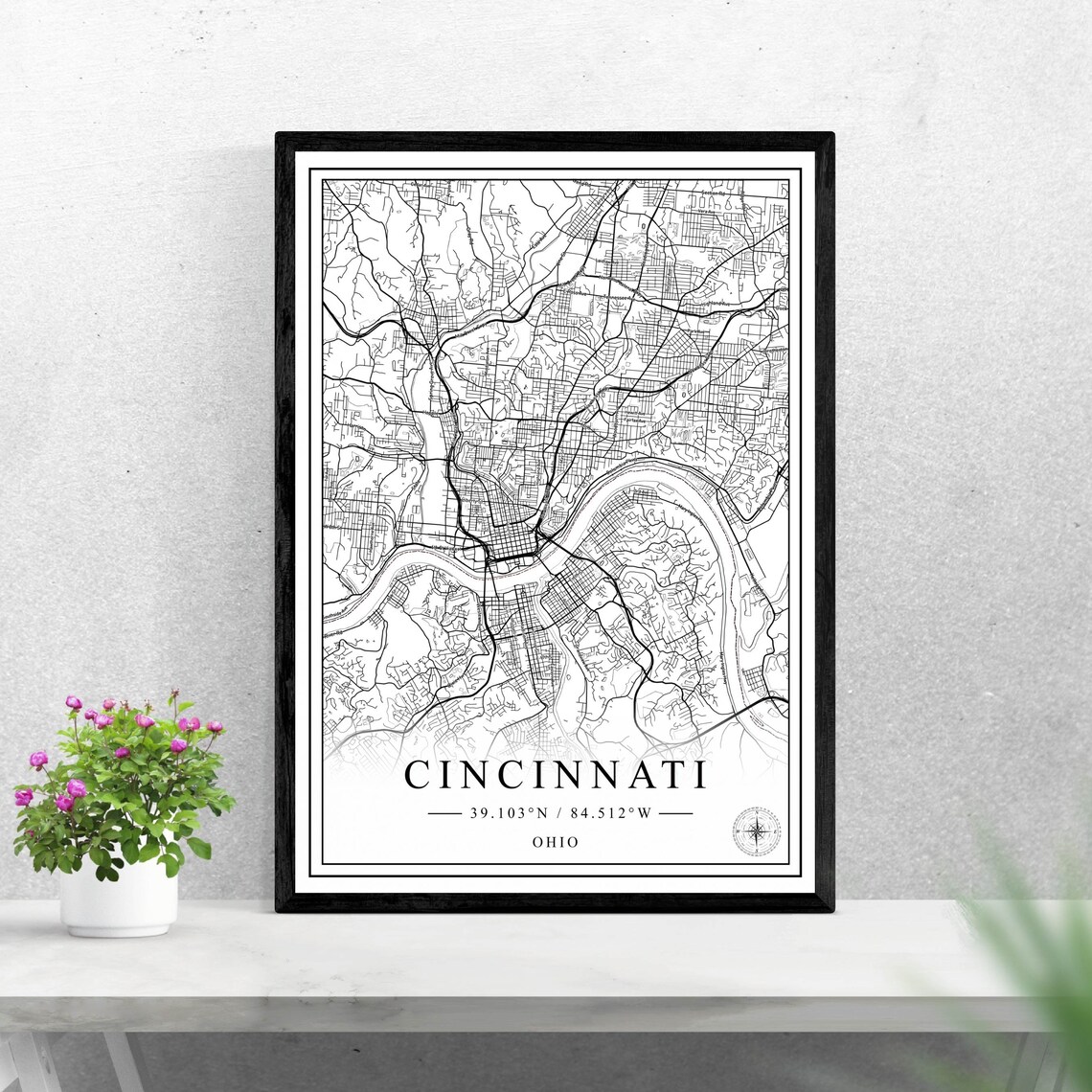 Cincinnati City Map Black And White Travel Poster