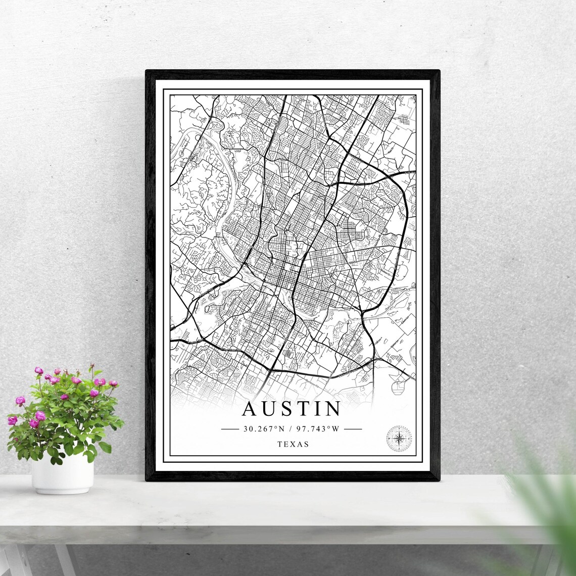 Austin Texas Black And White City Street Map With Coordinates Decor Poster