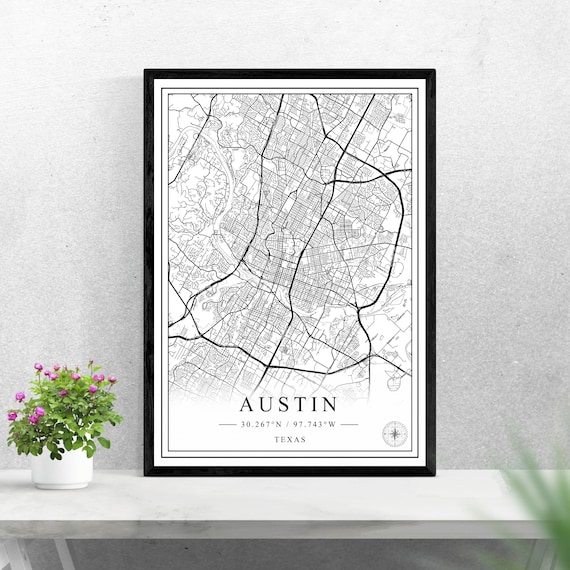 Austin Texas Black And White City Street Map With Coordinates Decor Poster