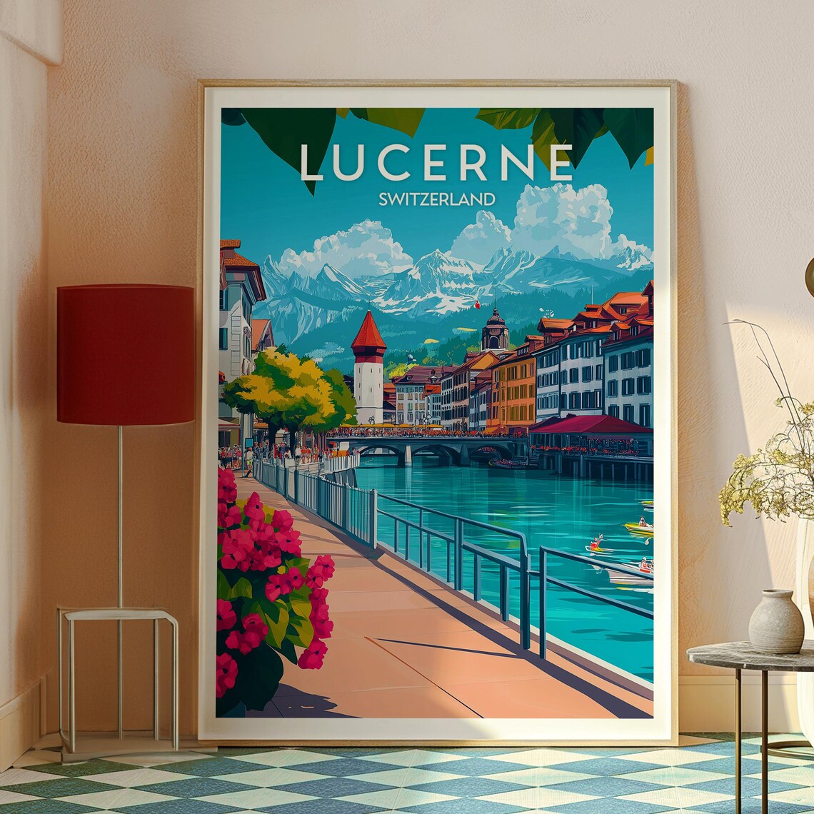 Lucerne Switzerland Chapel Bridge Lake Mountain View Travel Poster - Image 2