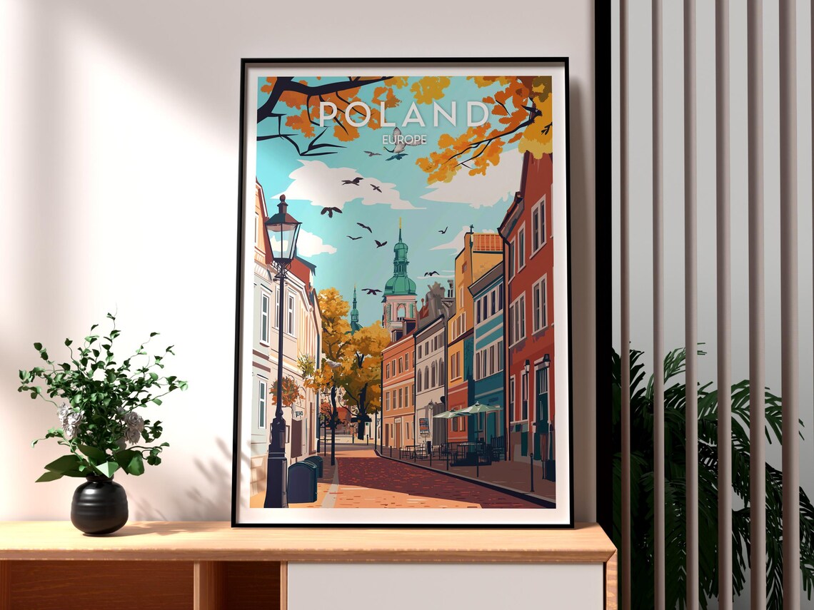 Poland Europe Autumn Street Golden Leaves Church Towers Travel Poster