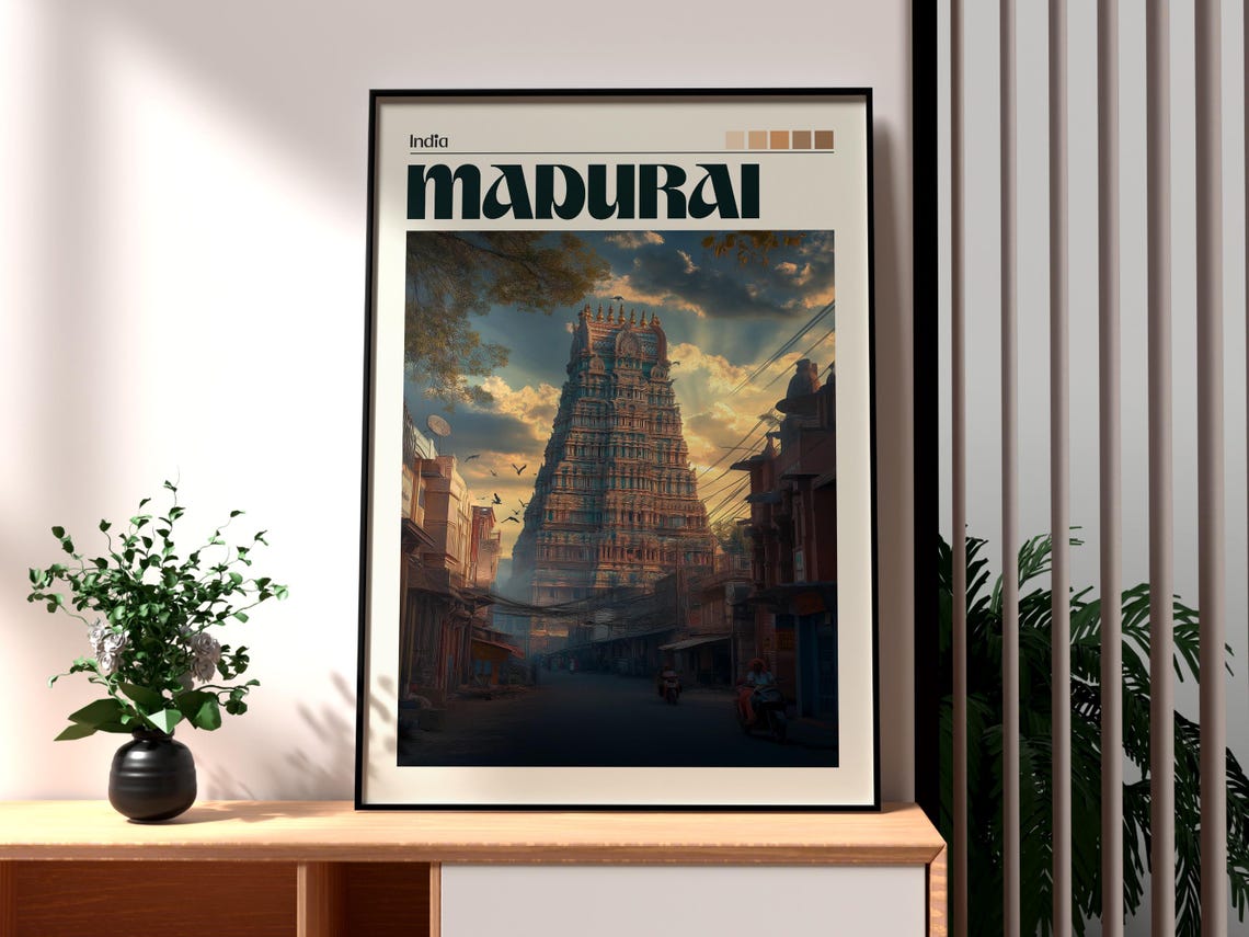 Madurai India Meenakshi Temple Gopuram Sunset Skyline Travel Poster