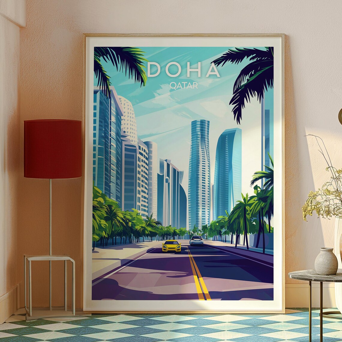 Doha Qatar Modern Skyscrapers Palm Lined Avenue City Travel Poster - Image 2