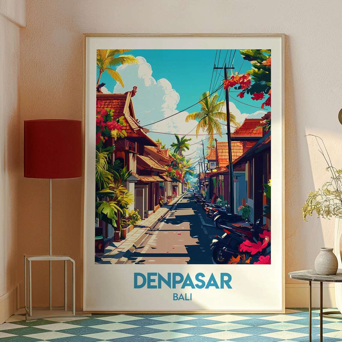 Denpasar Bali Indonesia Temple Street Motorbikes Tropical Travel Poster - Image 2