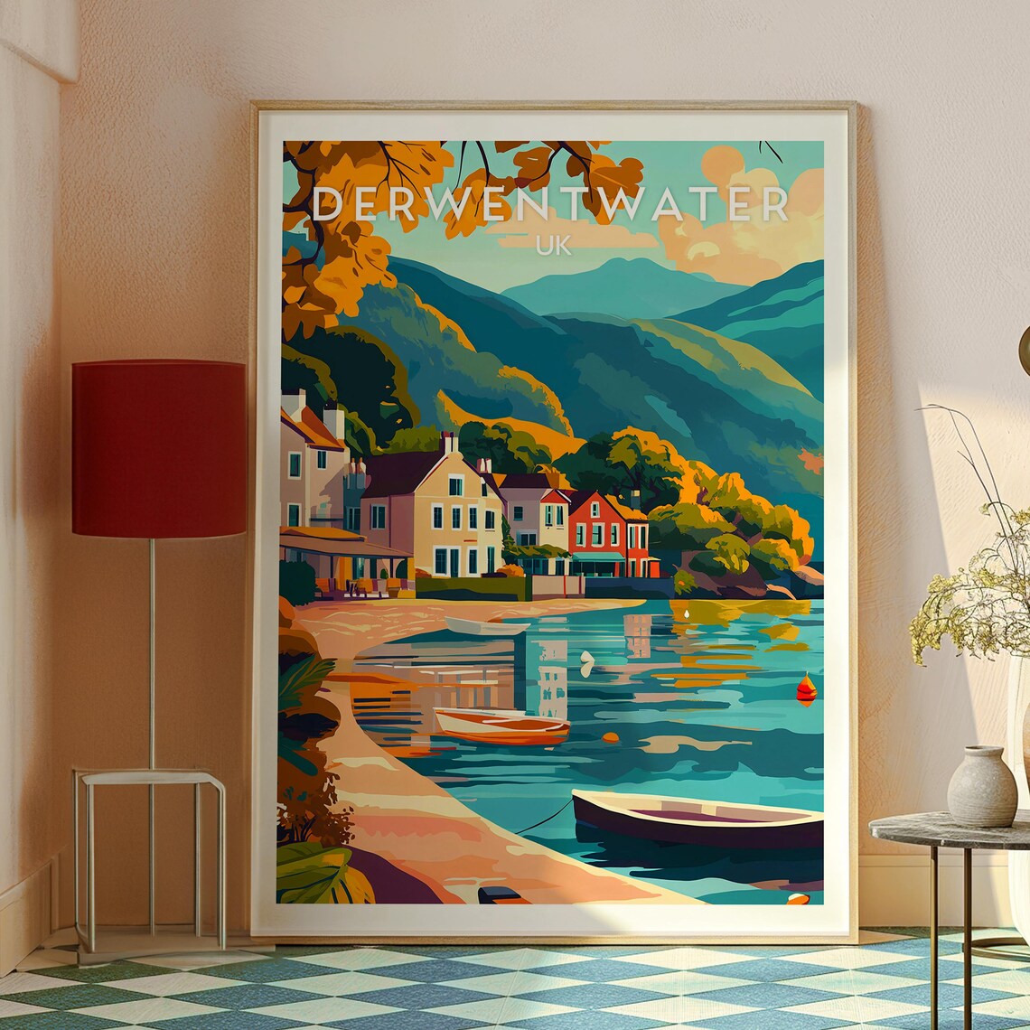 Derwentwater Lake District Autumn Lakeside Village Travel Poster - Image 2