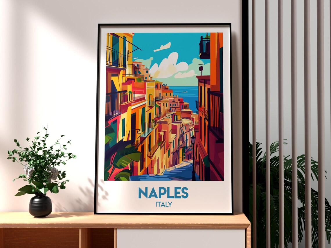 Naples Italy Colorful Alley Steps Sea View Old Town Travel Poster