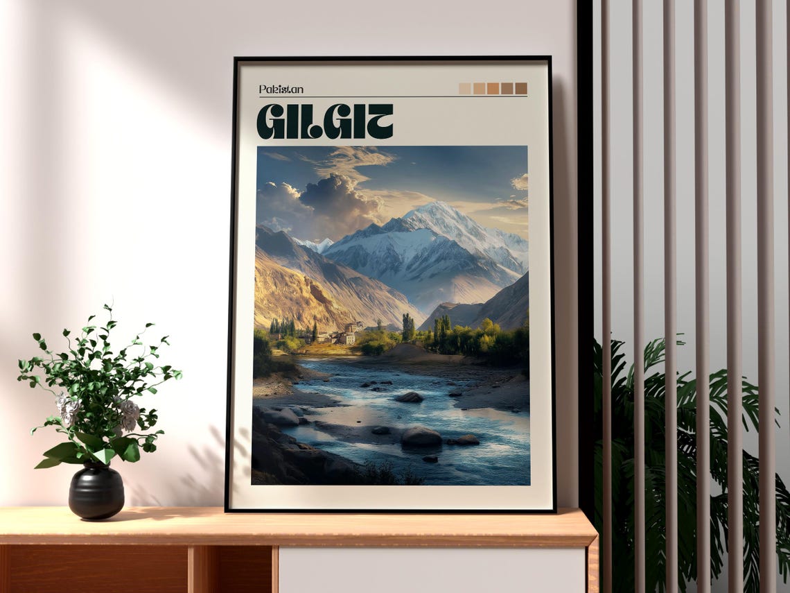 Gilgit Pakistan Mountain Valley River Snow Peaks Travel Poster
