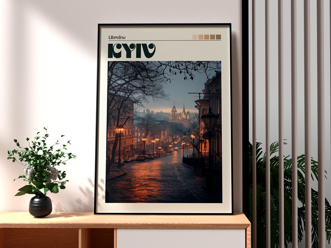 Kyiv Ukraine Rainy Night Historic City Street Lamp Lights Poster