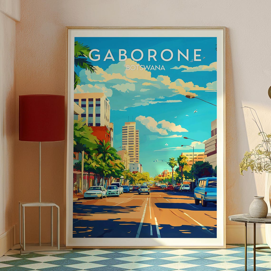 Gaborone Botswana Sunny City Street Palms Downtown Skyline View Poster - Image 2