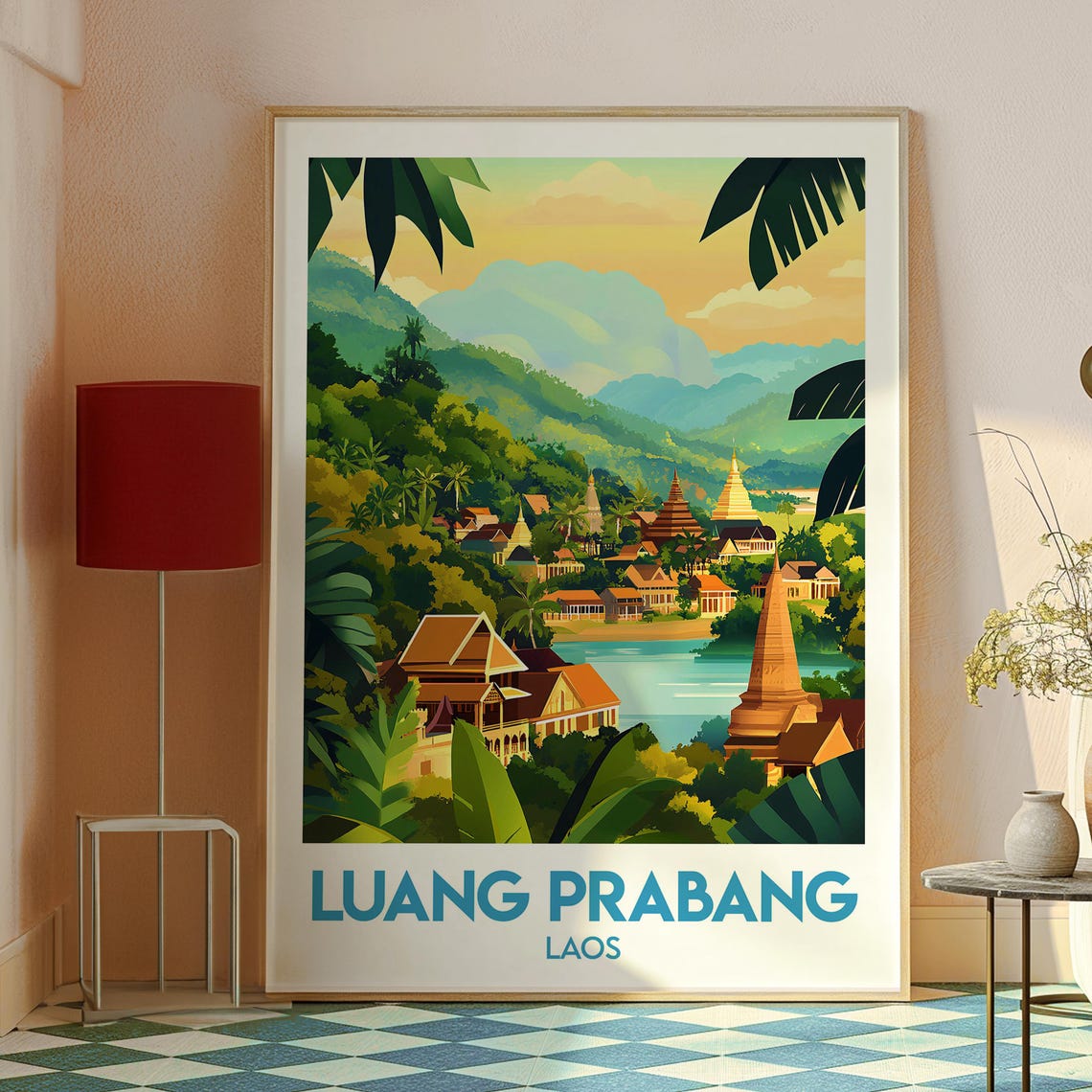 Luang Prabang Laos Riverside Temples Mountain Valley Travel Poster - Image 2