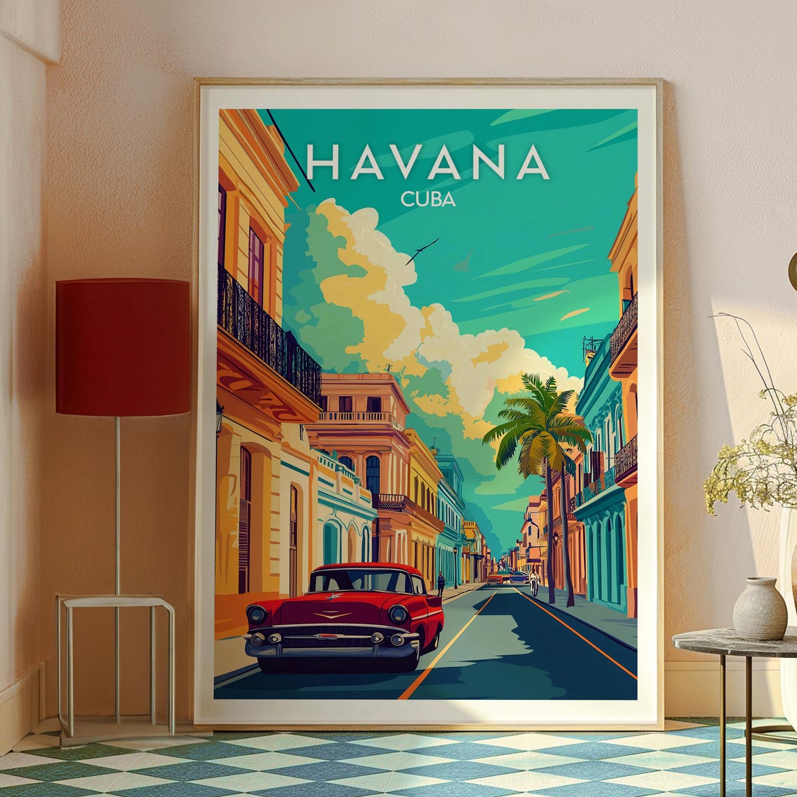 Havana Cuba Classic Red Car Colonial Street Colorful Travel Poster - Image 2