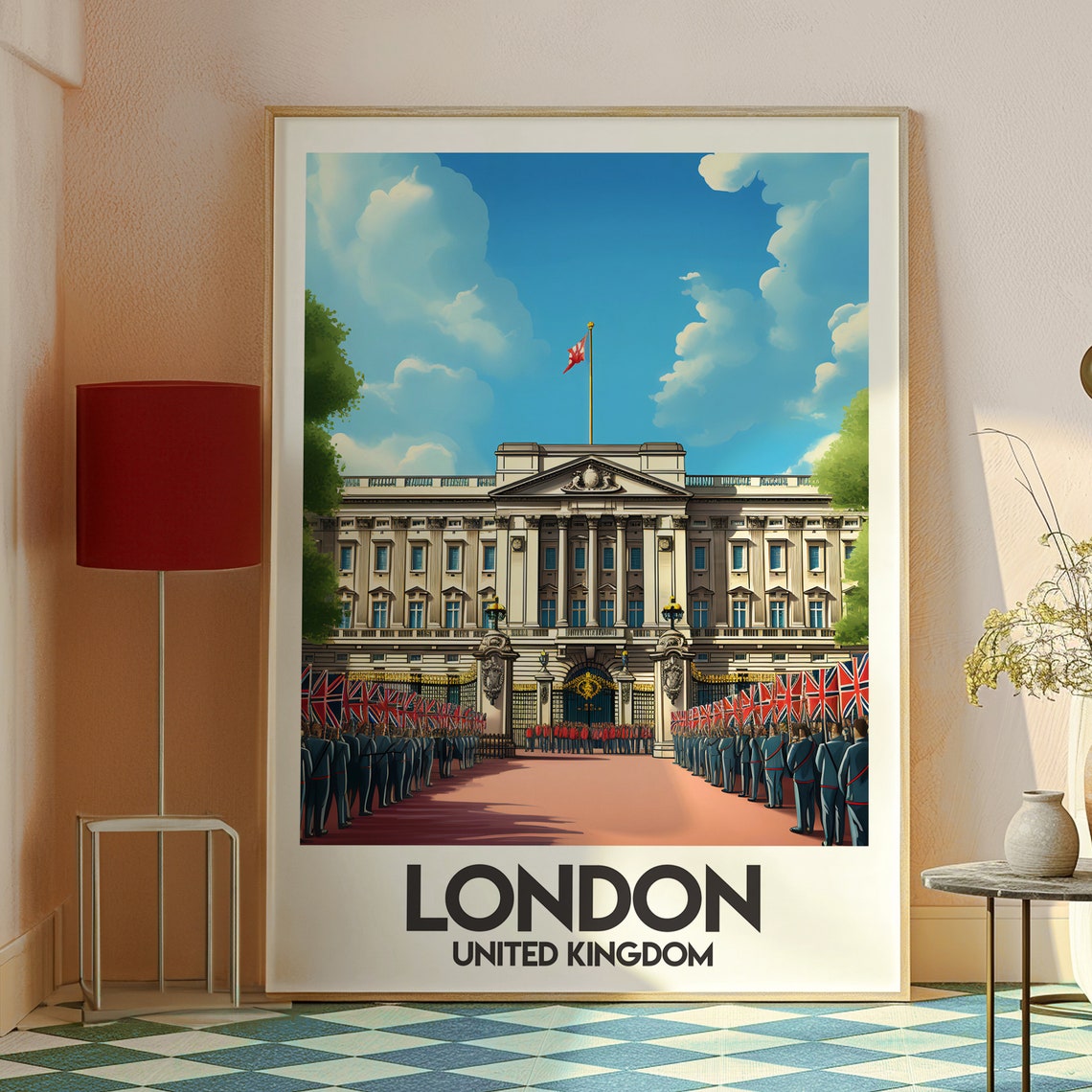London UK Royal Buckingham Palace Guards and Union Flags Poster - Image 2