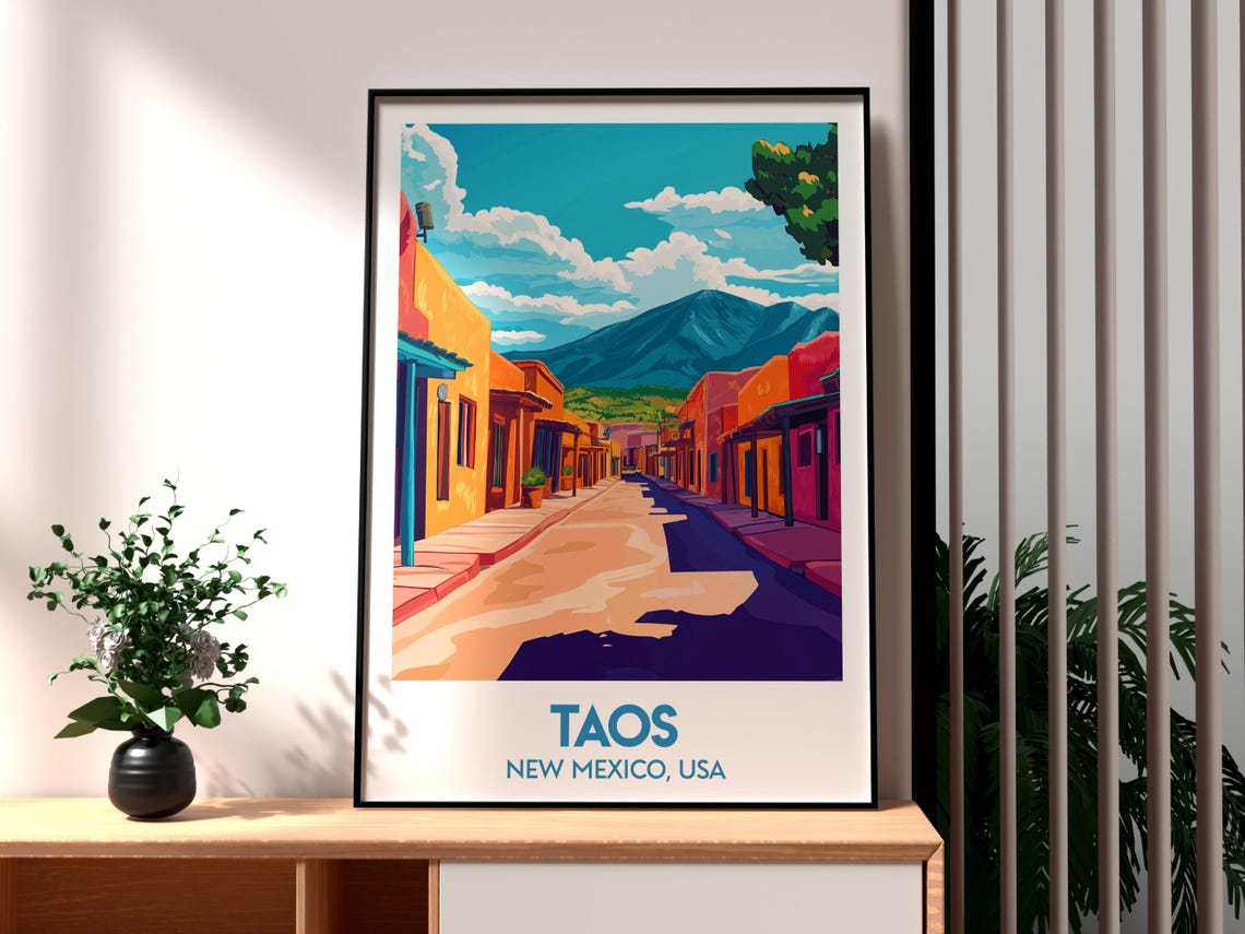 Taos New Mexico Adobe Old Town Street Scene Art Travel Poster