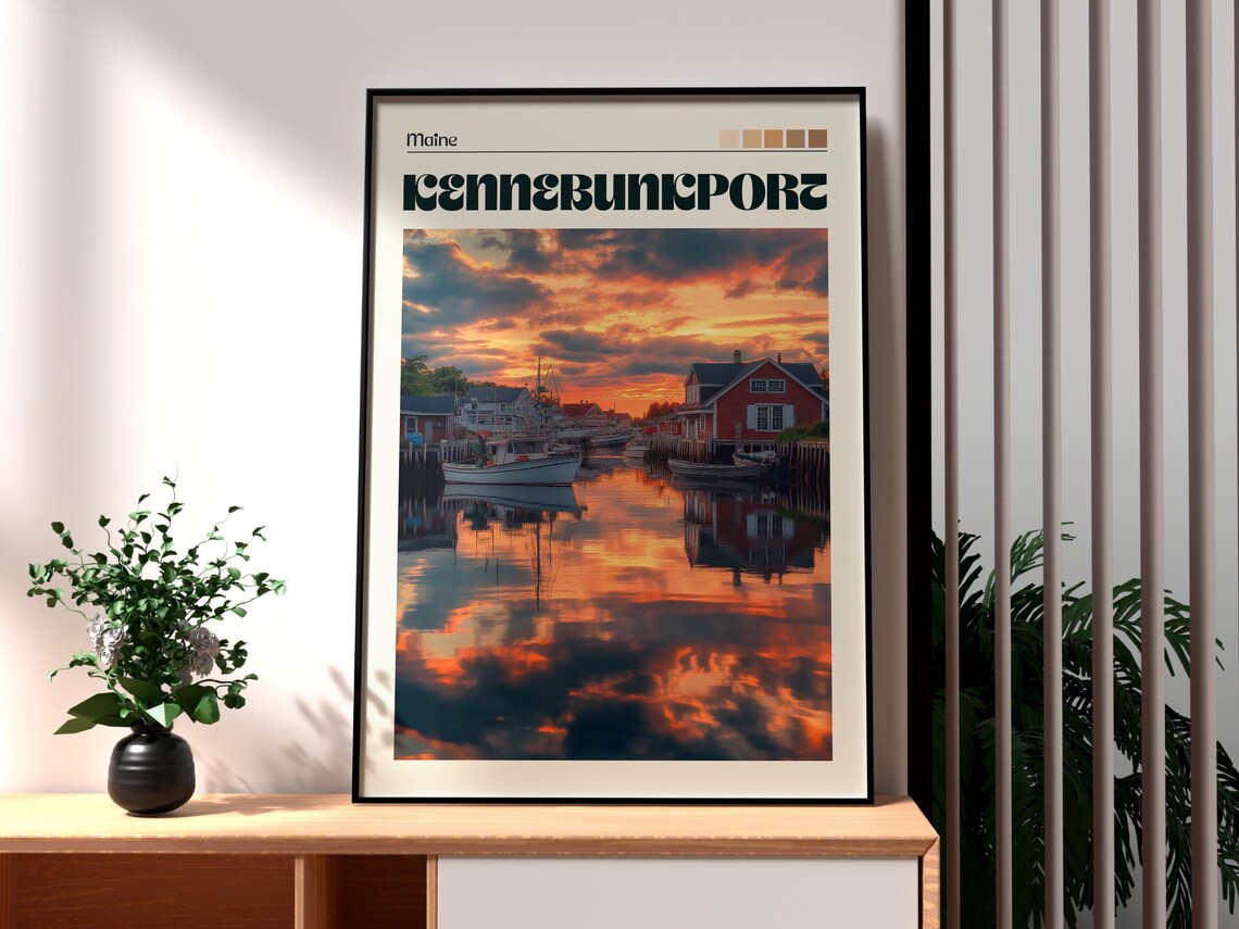 Kennebunkport Maine Harbor Sunset Boats Vintage Photo Poster