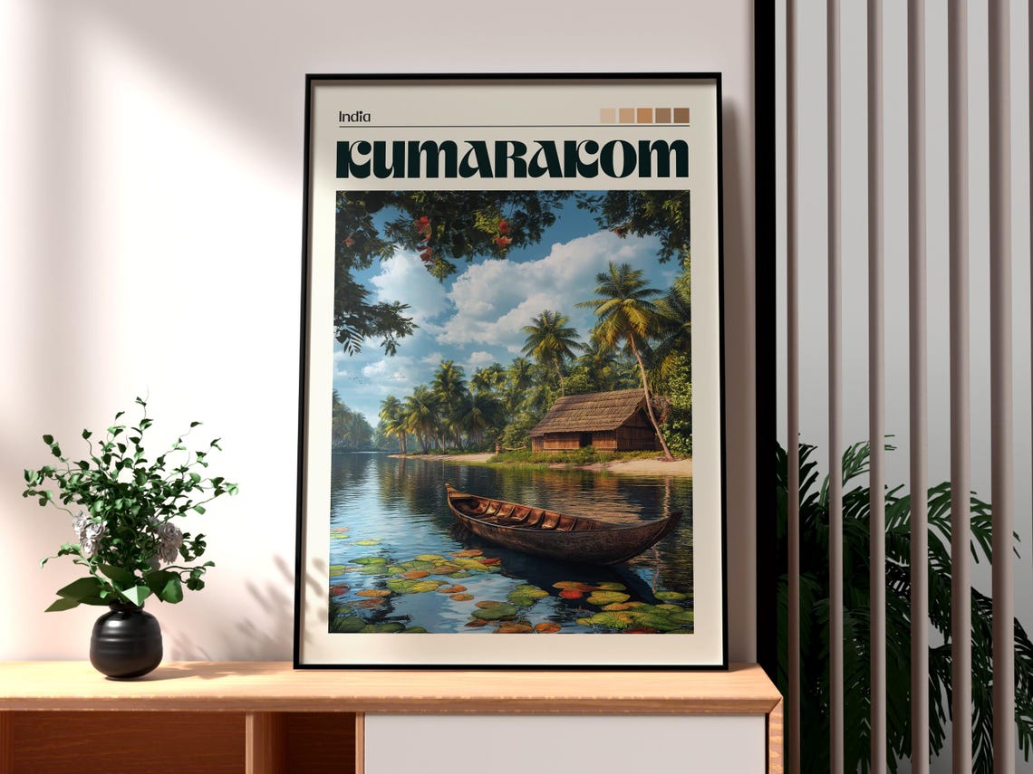 Kumarakom India Kerala Backwater Canoe Palm Tree Scene Poster
