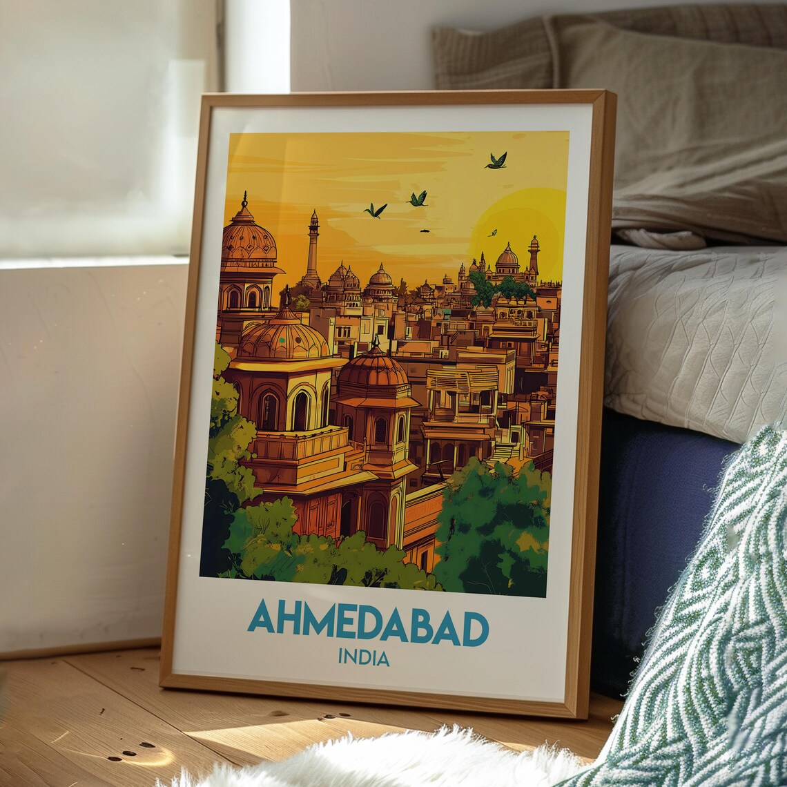 Ahmedabad India Domed Palaces Golden Sunset Retro Travel Poster - Image 3