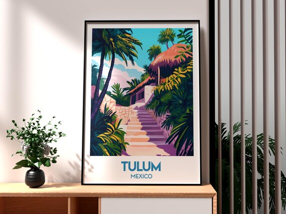 Tulum Mexico Jungle Staircase Palapa Tropical Beach Travel Poster