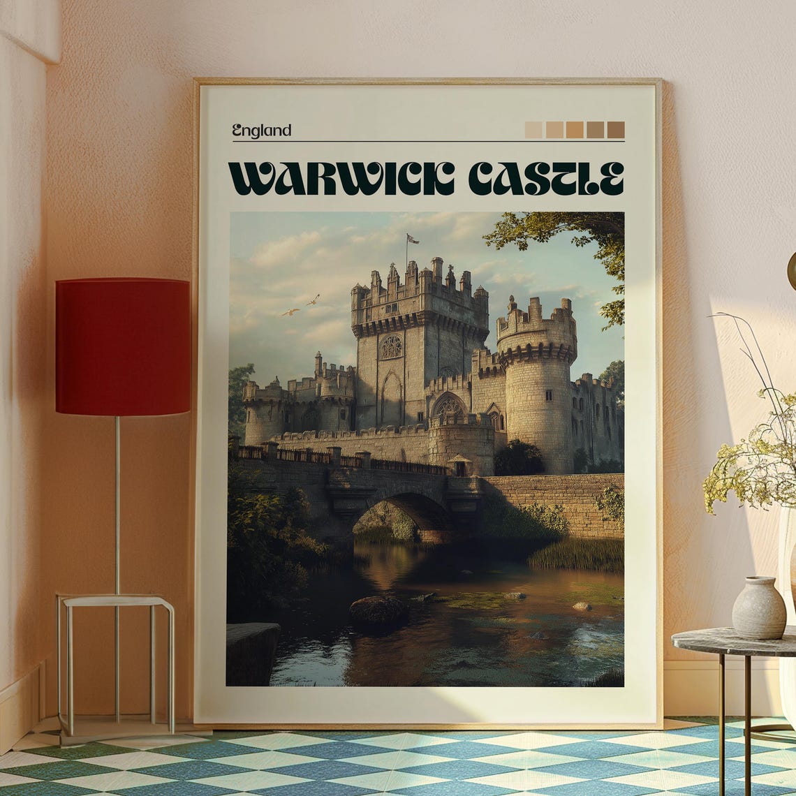 Warwick Castle England Medieval Fortress Riverside Vintage Poster - Image 2