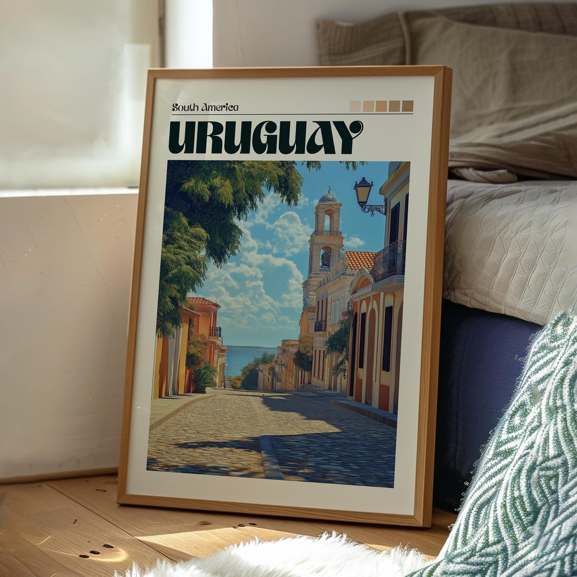 Uruguay Colonial Cobblestone Street Bell Tower Ocean View Art Poster - Image 3